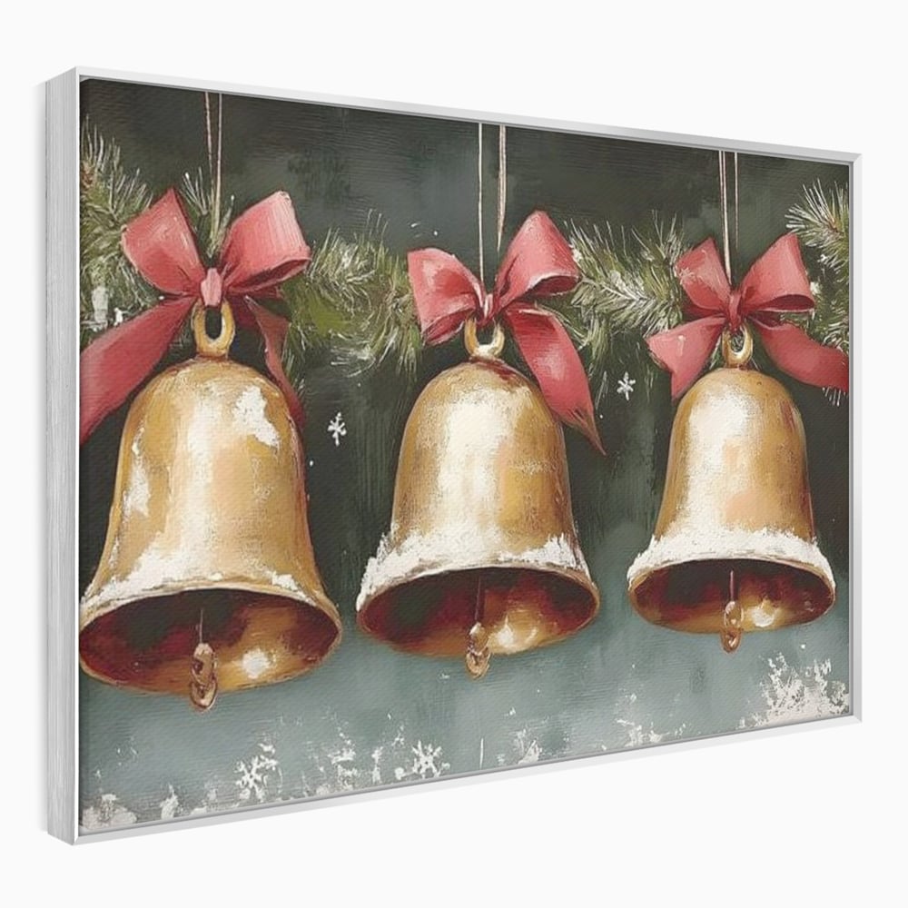 Tablou canvas cu pictura cu clopote aurii de craciun, in rama de aluminiu argintiu